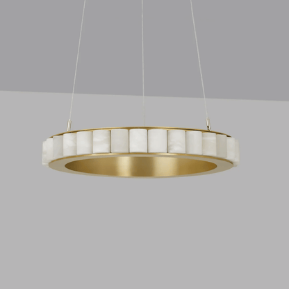 Modern pendant light with gold and white design on a gray background