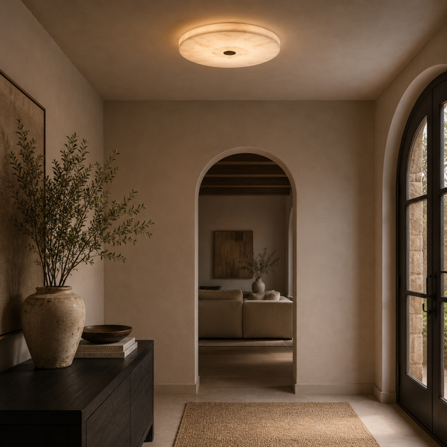 Living room with a ceiling light fixture, vase, and arched doorway.