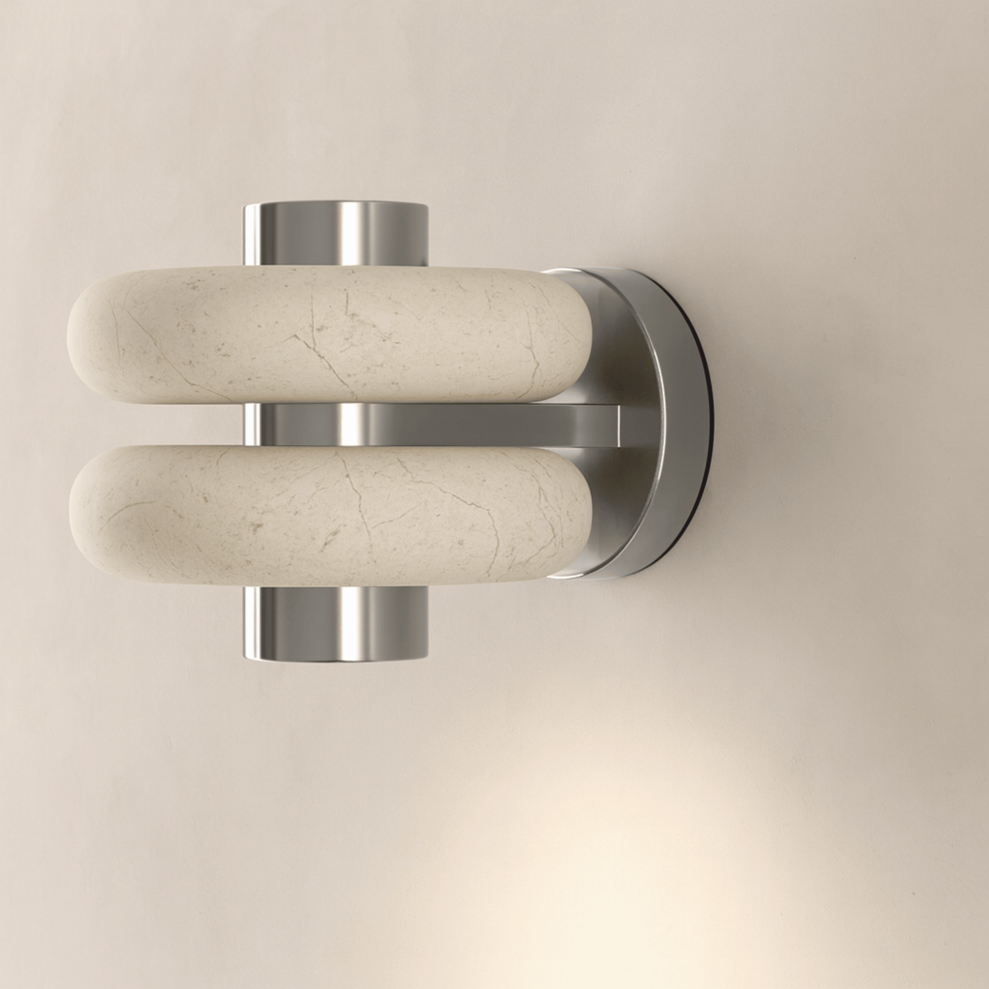 Wall-mounted fixture with marble-like handles on a beige background