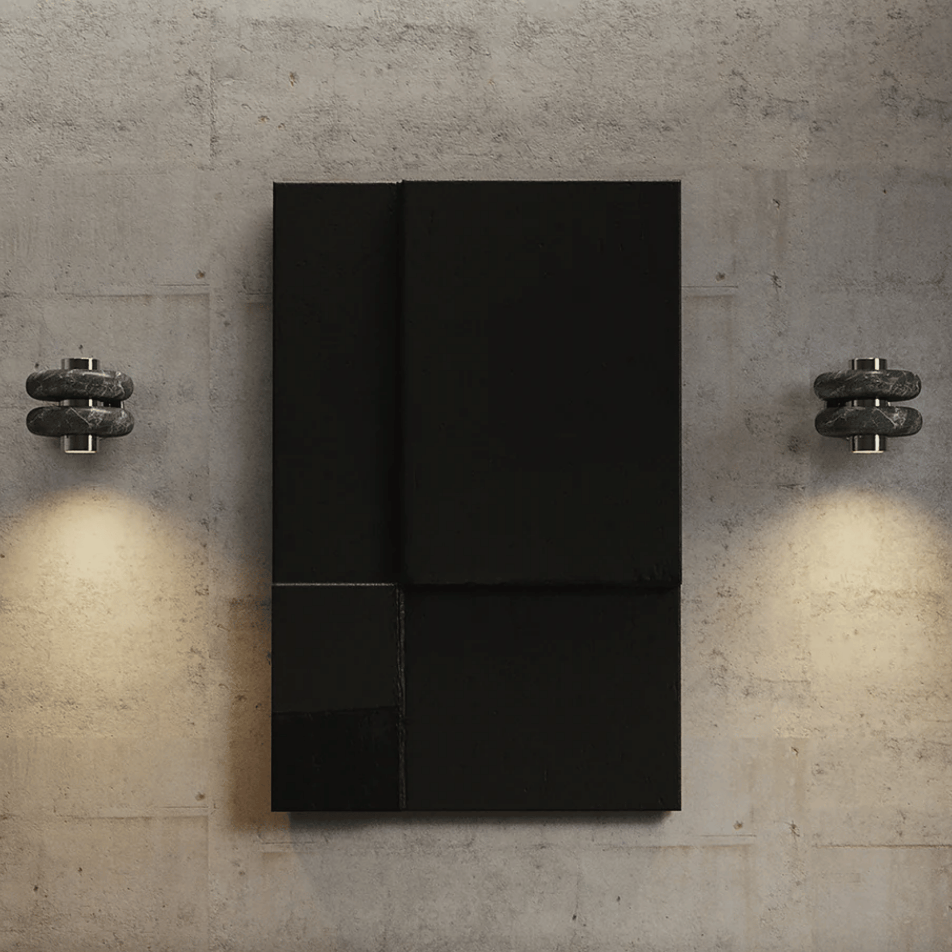 Black wall-mounted cabinet with two lights on a concrete wall