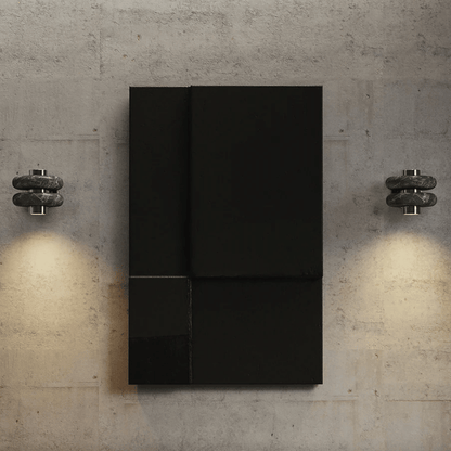 Black wall-mounted cabinet with two lights on a concrete wall