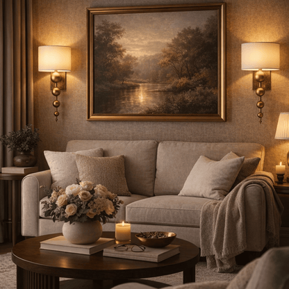 Cozy living room with a gray sofa, decorative pillows, a painting of a landscape, and a candle.