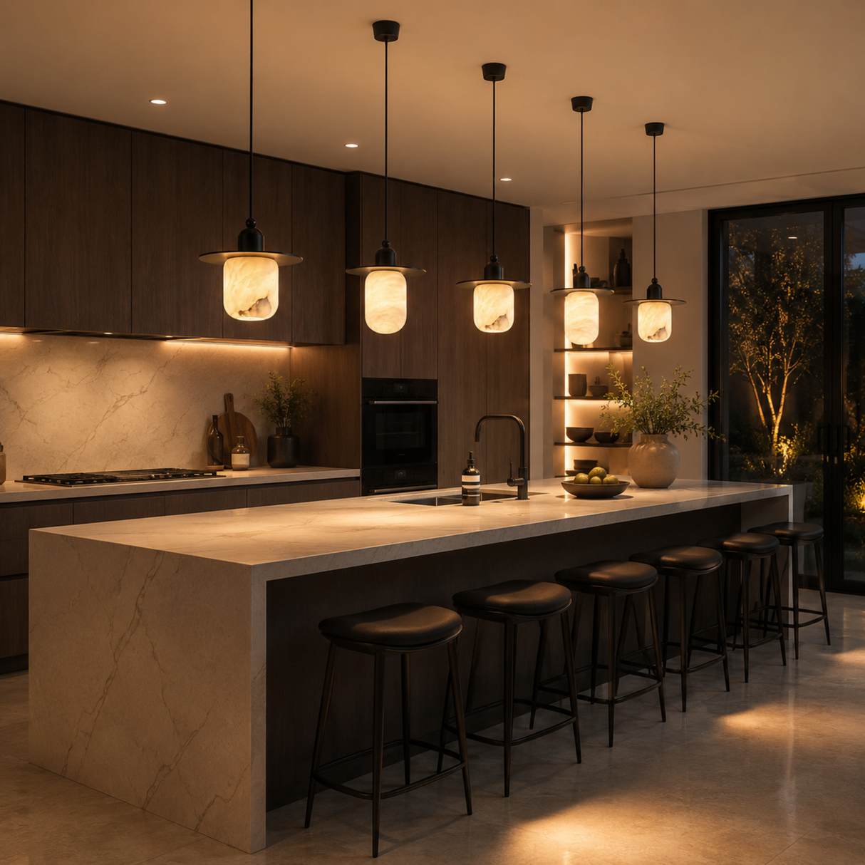 Modern kitchen with a island and bar stools, dimly lit.