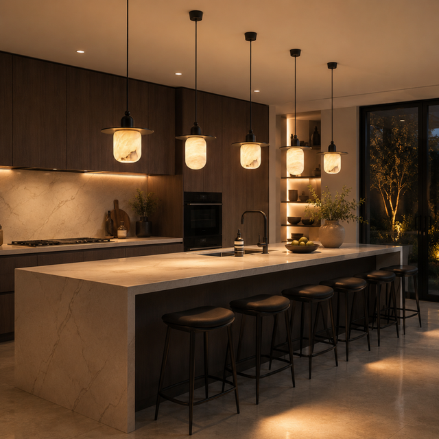 Modern kitchen with a island and bar stools, dimly lit.