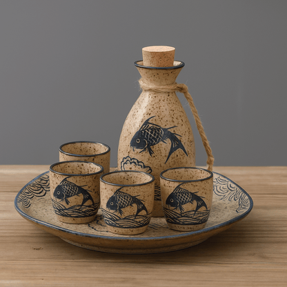 Ceramic sake set with fish design on a wooden tray against a gray background