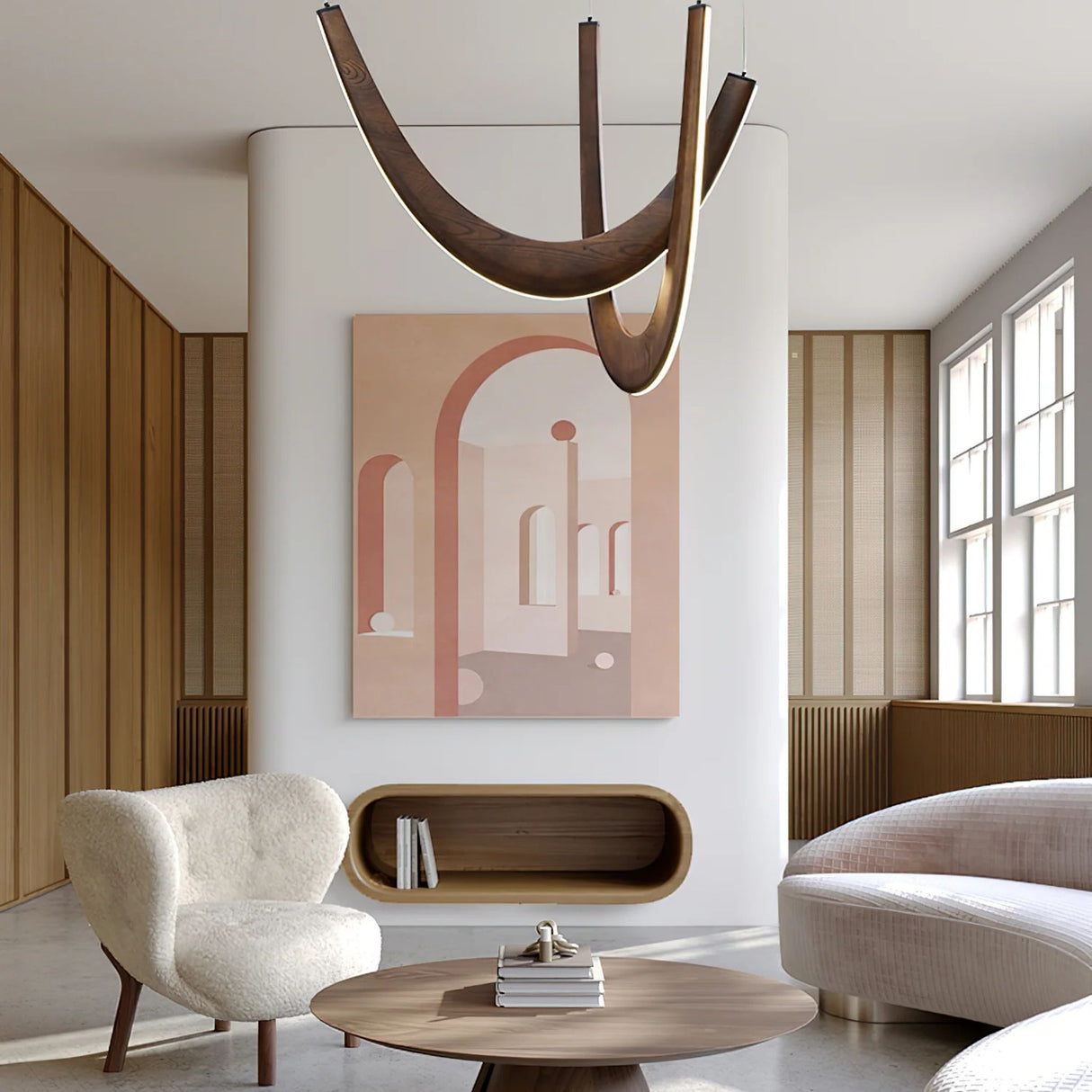 A modern interior featuring a stylish pendant light with wooden curved arms and soft lighting hanging above a dining table.