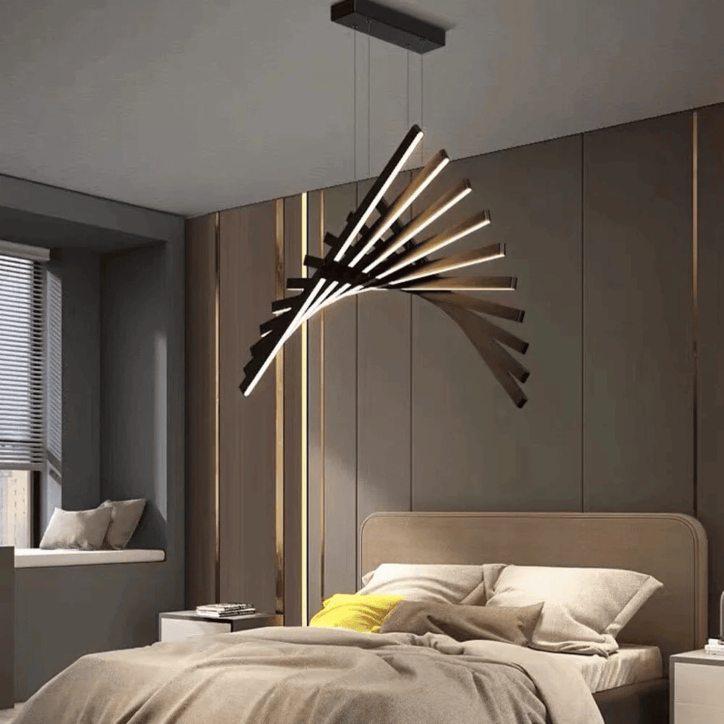 Modern bedroom with a stylish pendant light fixture.