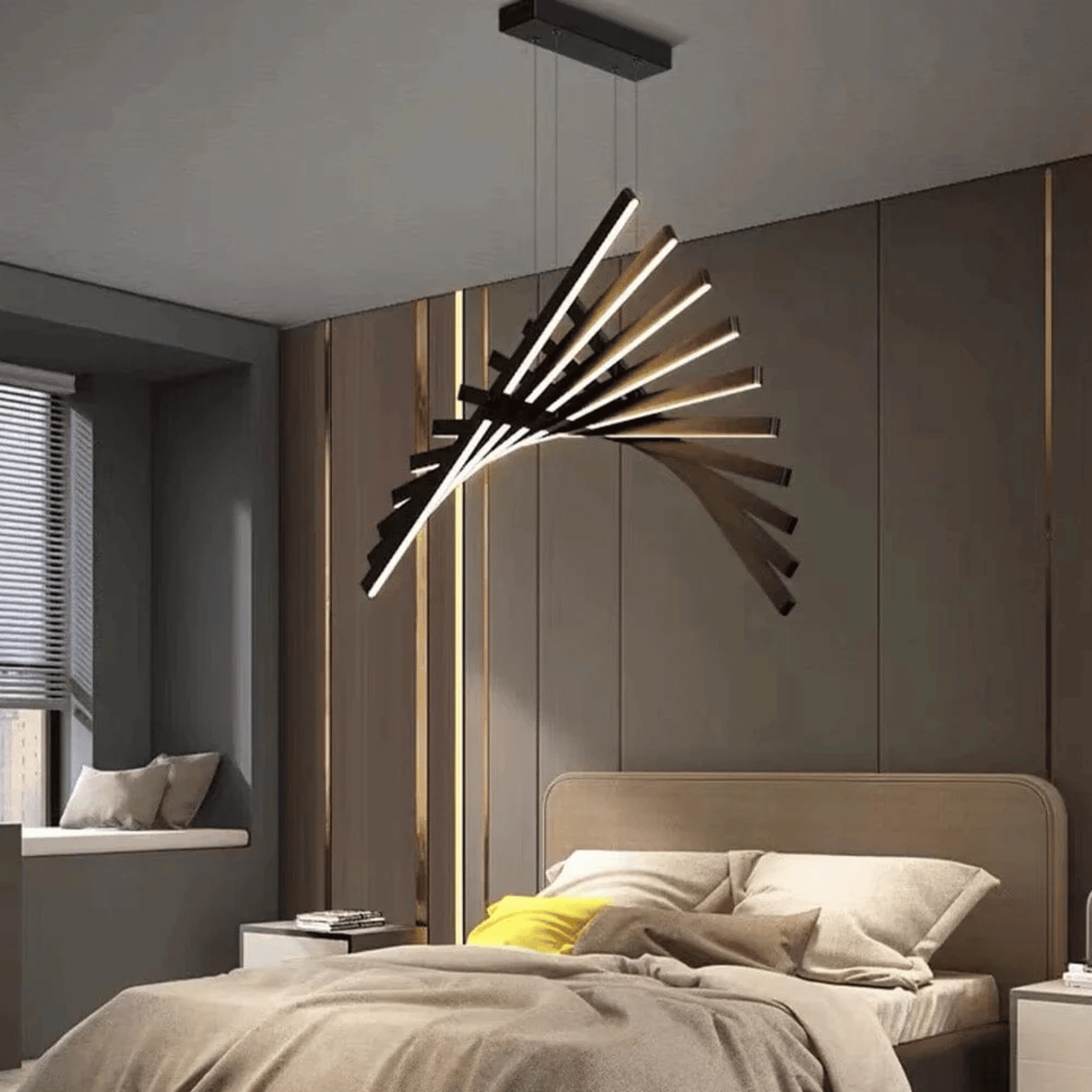 Modern bedroom with a stylish pendant light fixture.