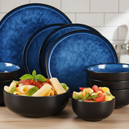 Blue textured dinnerware set displayed on a kitchen countertop with stacked plates and bowls.