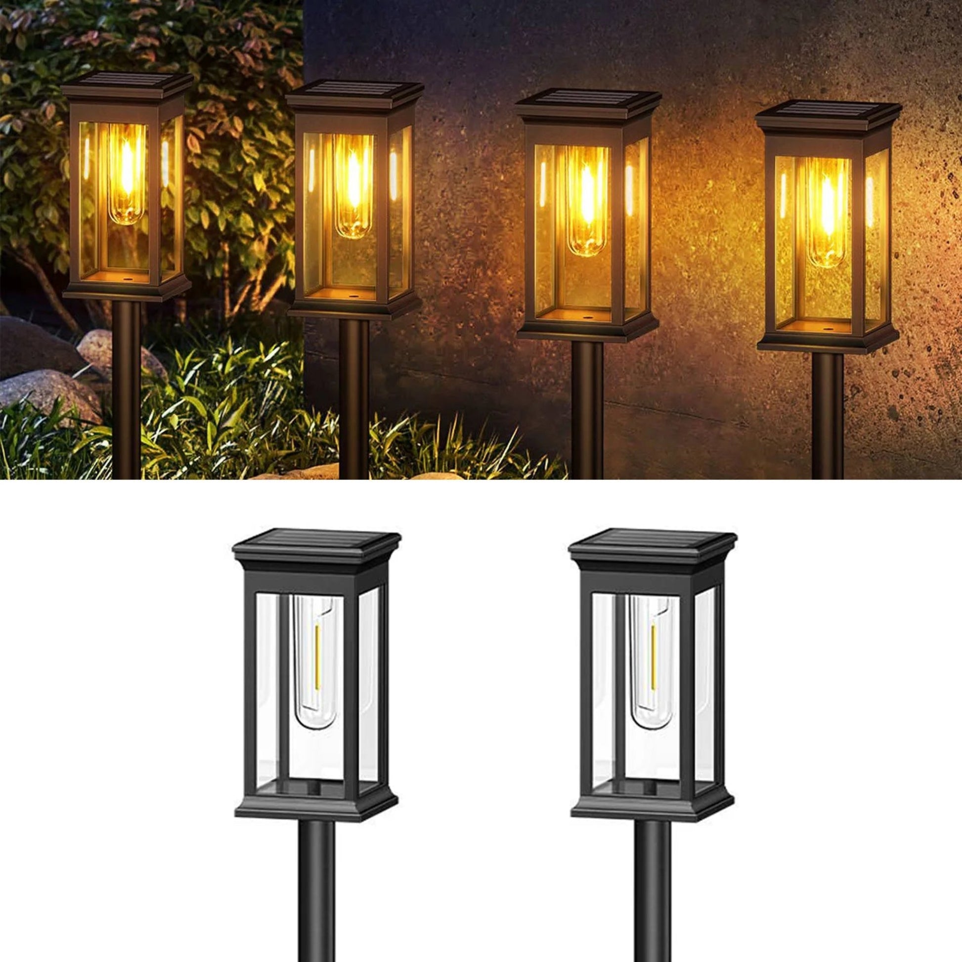 Solar-powered outdoor lights on a white background