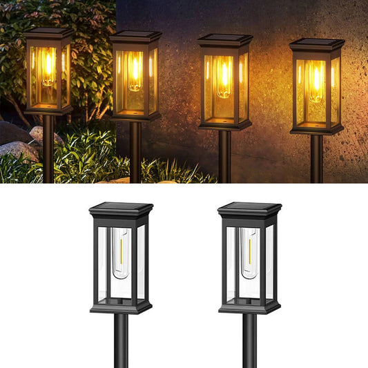 Solar-powered outdoor lights on a white background