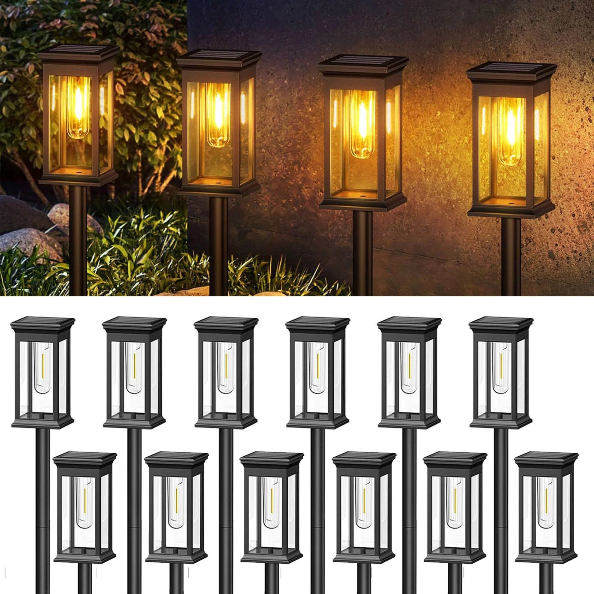 Set of solar-powered outdoor lights on stakes with a warm glow, suitable for garden or pathway lighting.