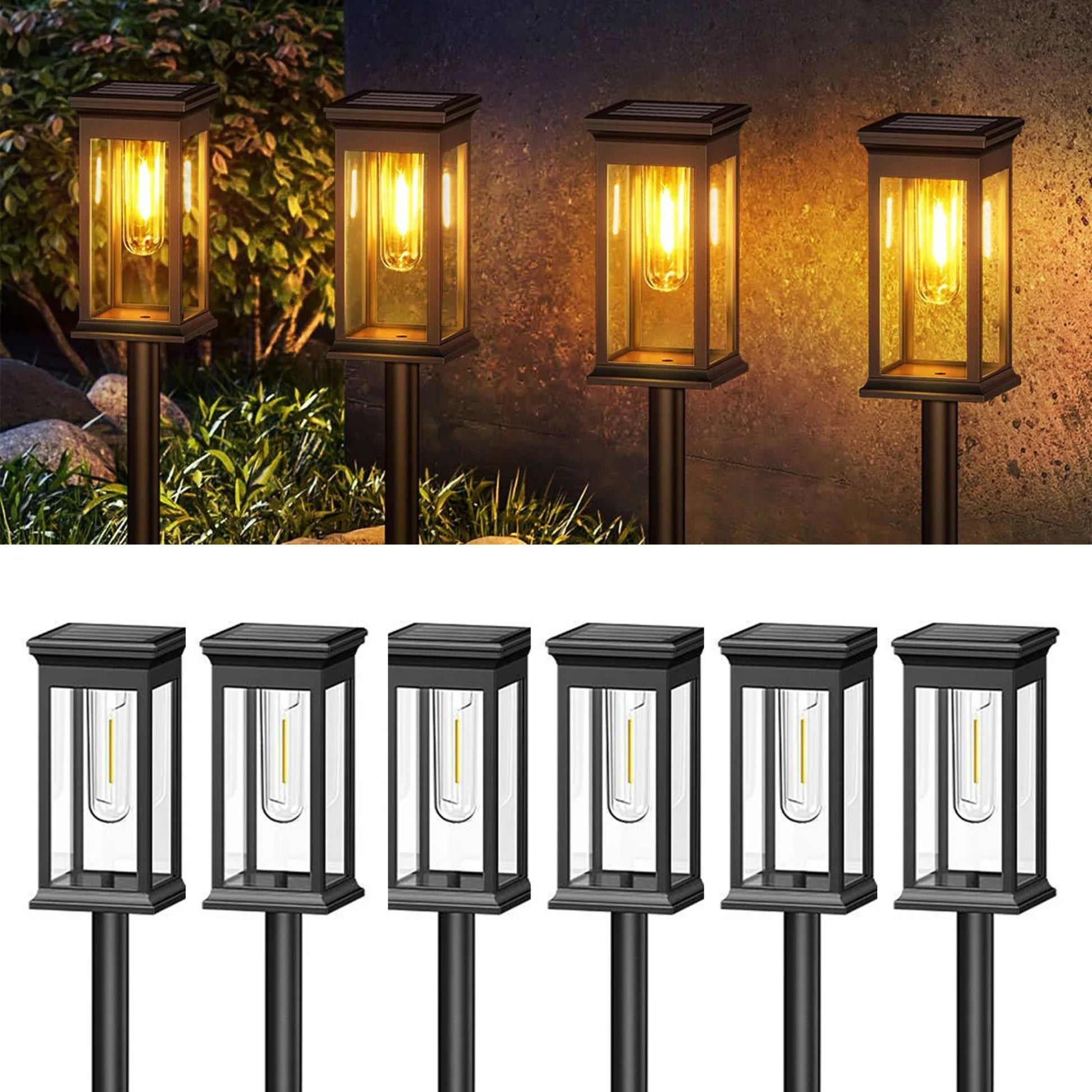Set of eight solar-powered outdoor lights on stands with a warm glow.