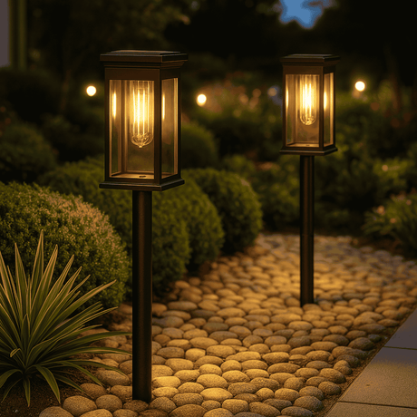 Two garden lights on stakes illuminating a stone pathway at night.