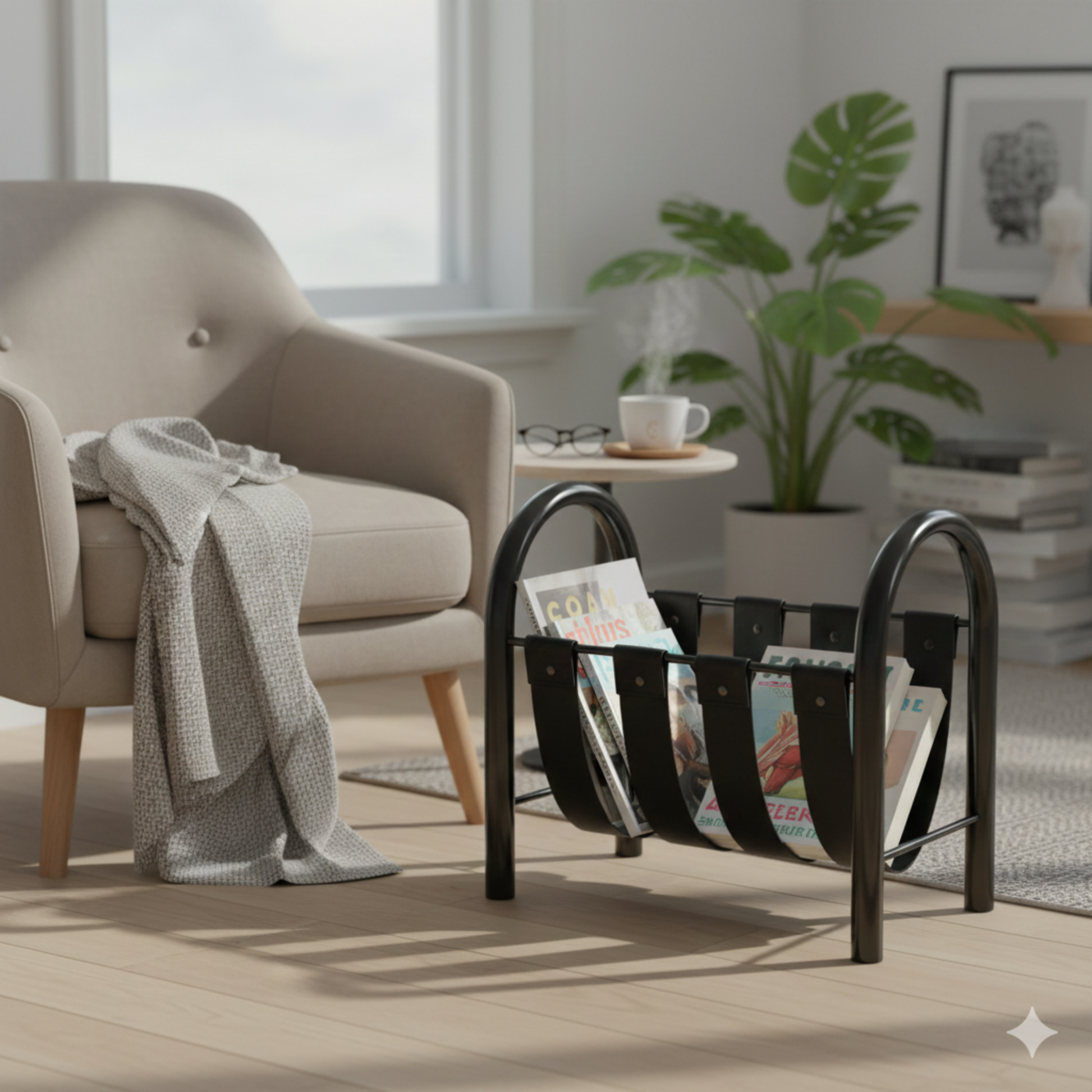 A black metal magazine holder with black leather straps, filled with magazines, situated beside a beige armchair with a throw blanket in a cozy living room.