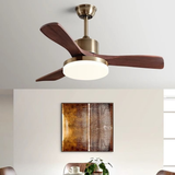 Ceiling fan with wooden blades and a light fixture in a room with a painting on the wall.