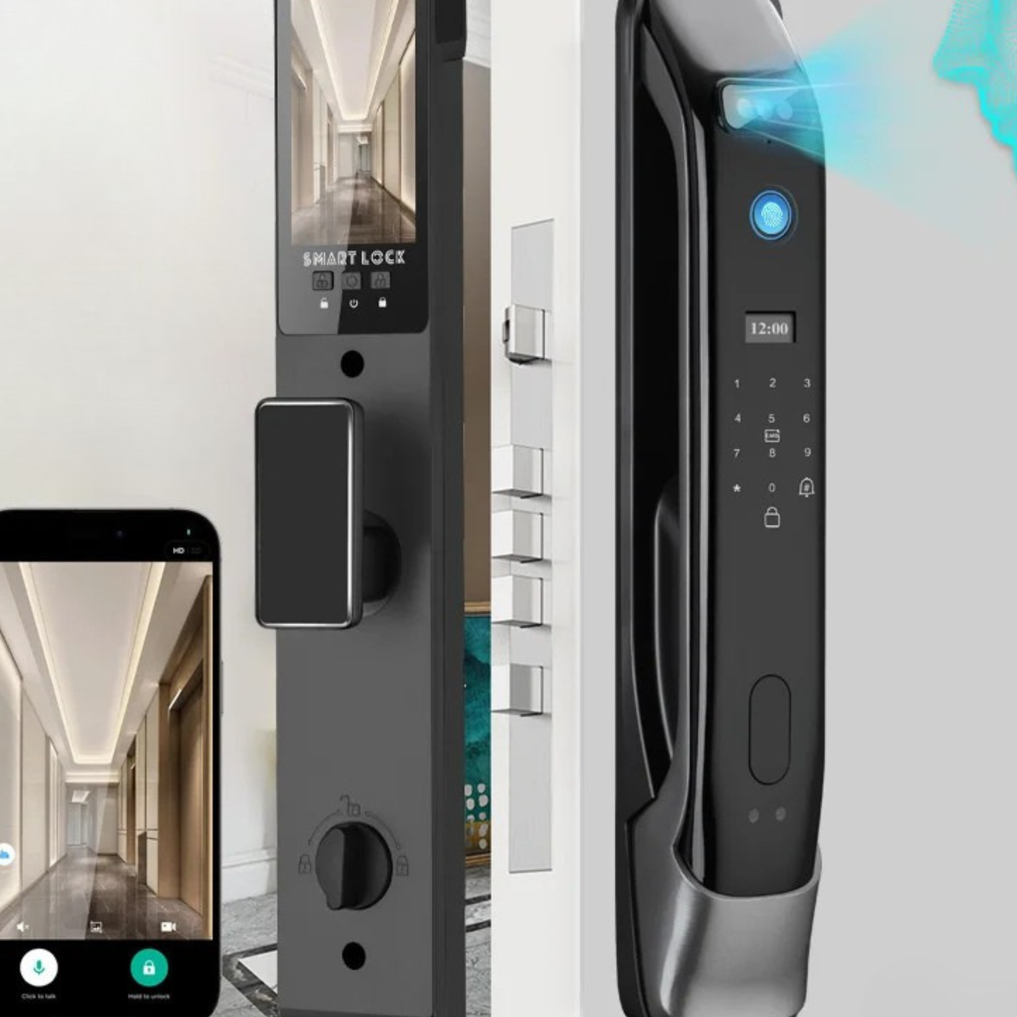 Infographic showing the AI fingerprint recognition features and digital keypad functions of the lock.