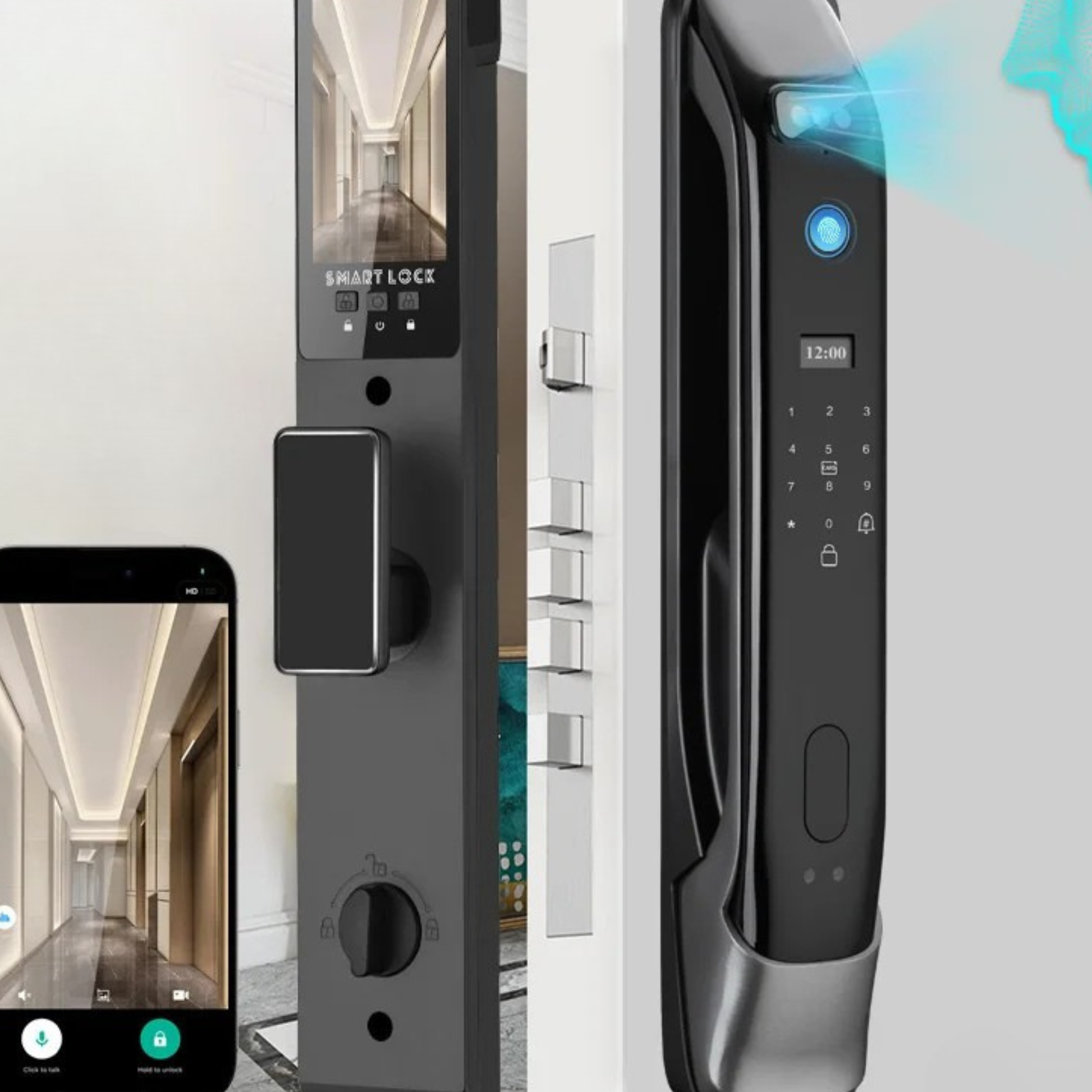 Infographic showing the AI fingerprint recognition features and digital keypad functions of the lock.