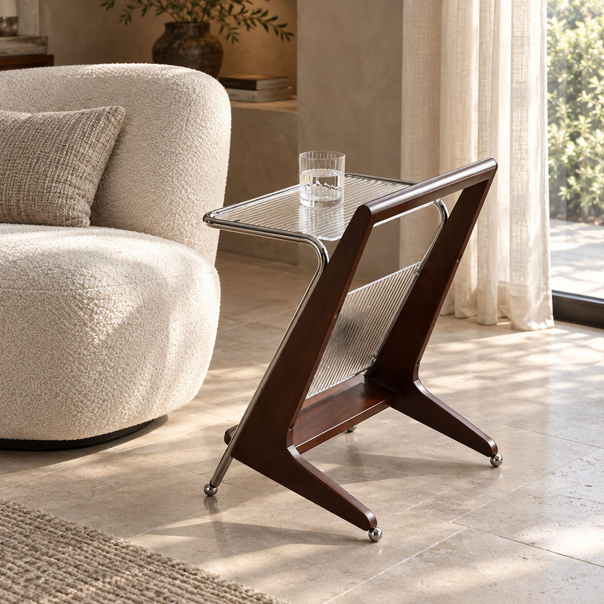 Sorevia Rubberwood & Fluted Glass Side Table
