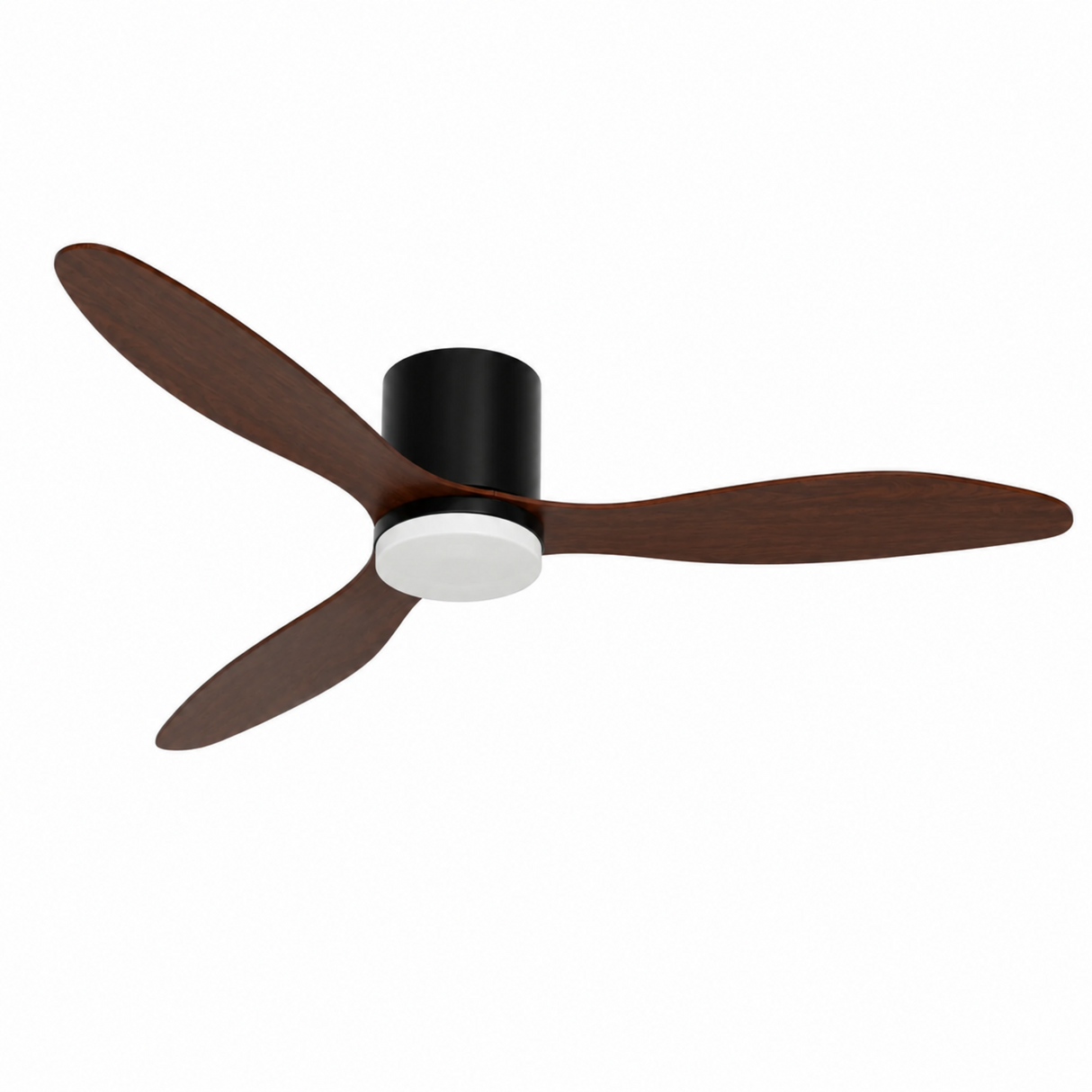 Ceiling fan with brown blades and black and white center on a white background