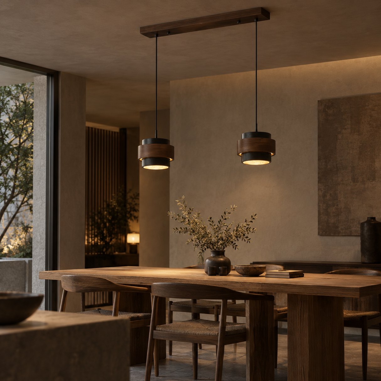 Two modern cylindrical pendant lights with dark wood shades and black cords hang over a wooden dining table in a warm, minimalist dining room.