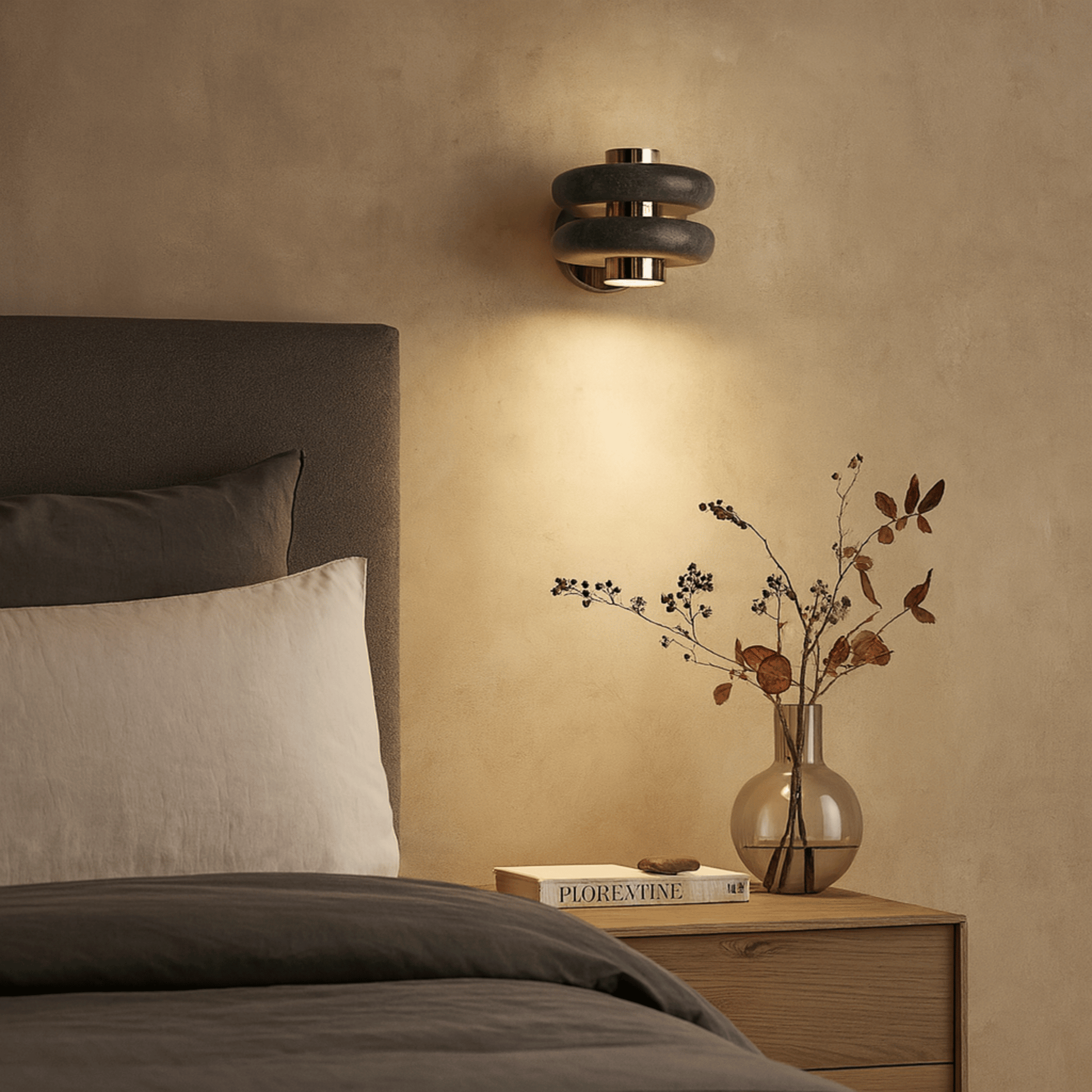 Bedroom scene with a lamp, vase, and books on a nightstand against a beige wall.