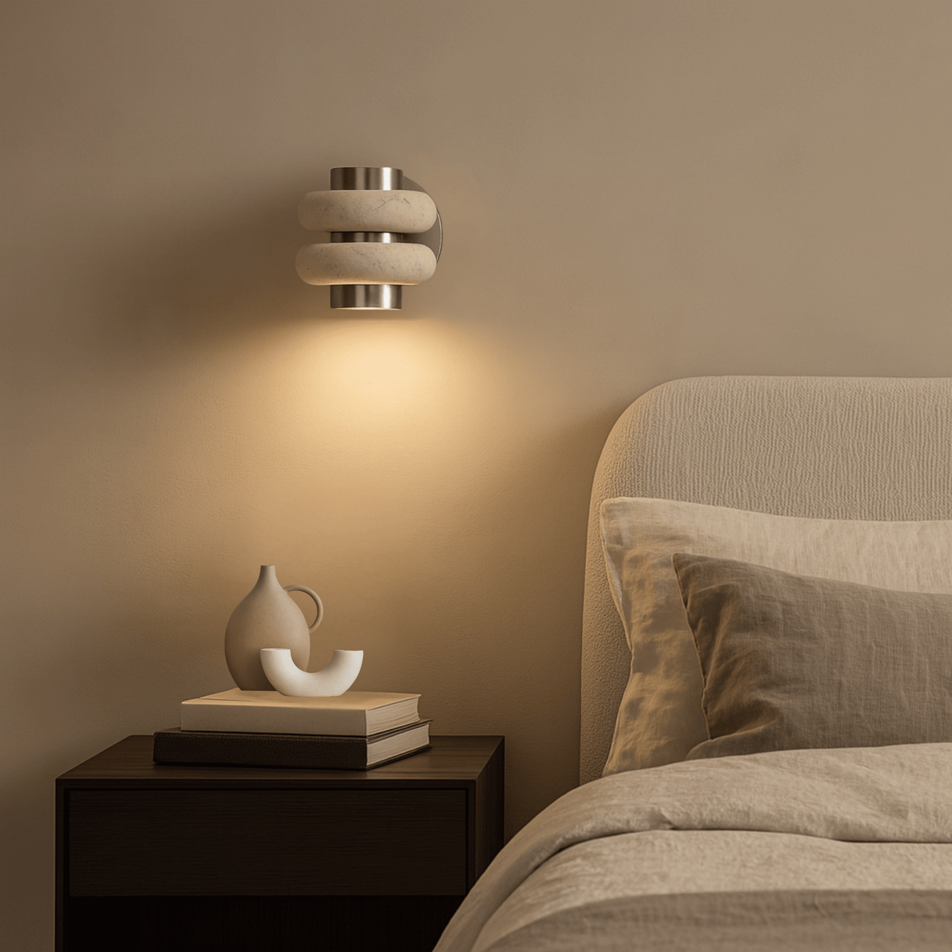 Modern wall sconce on a beige wall above a nightstand with decorative items, next to a bed with pillows.