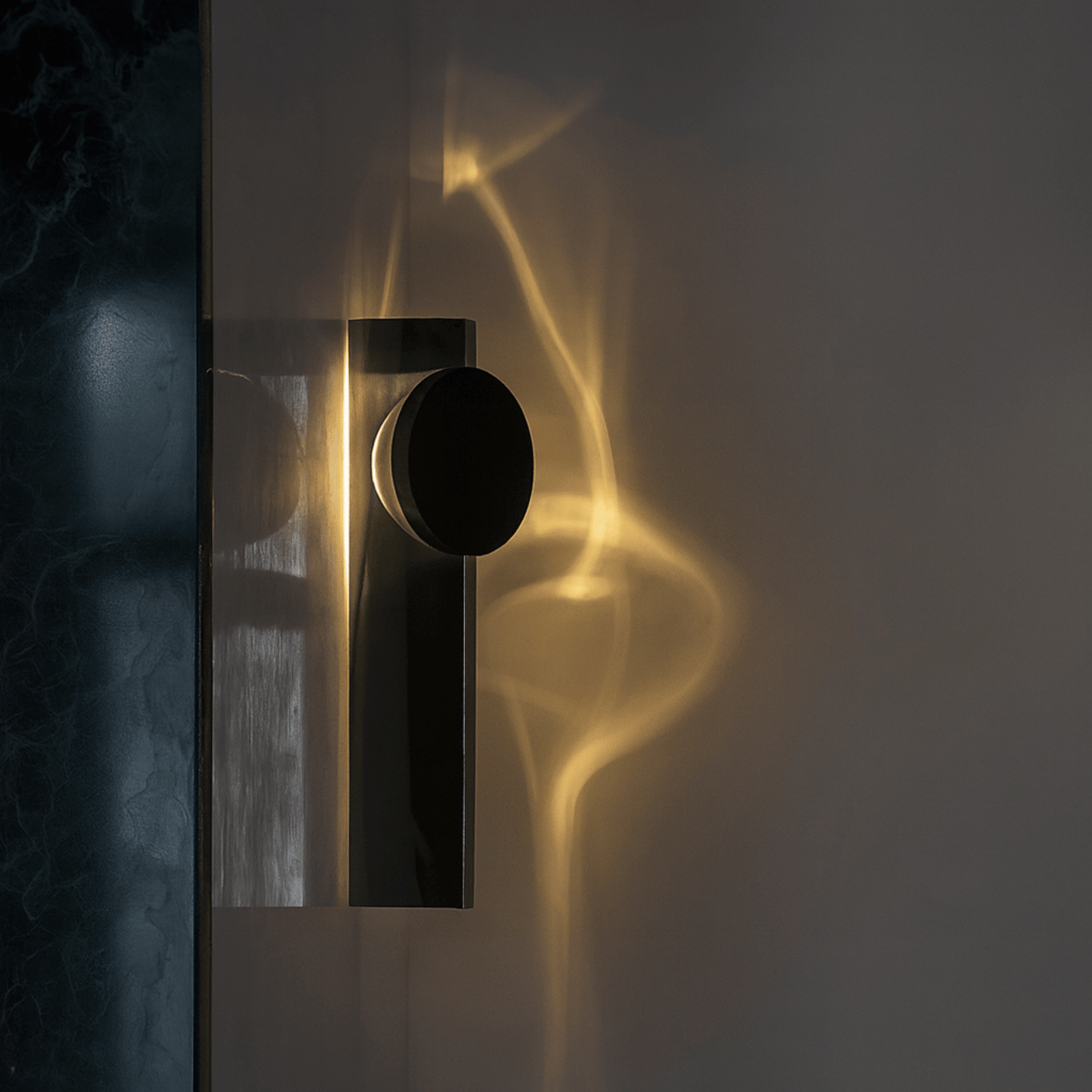 Modern wall sconce with a black finish casting a warm glow on a dark wall.