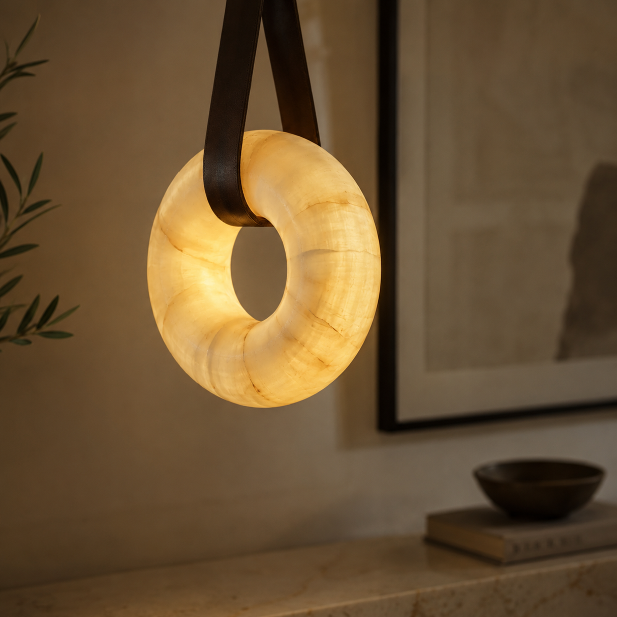 Decorative ring light on a shelf with a blurred background