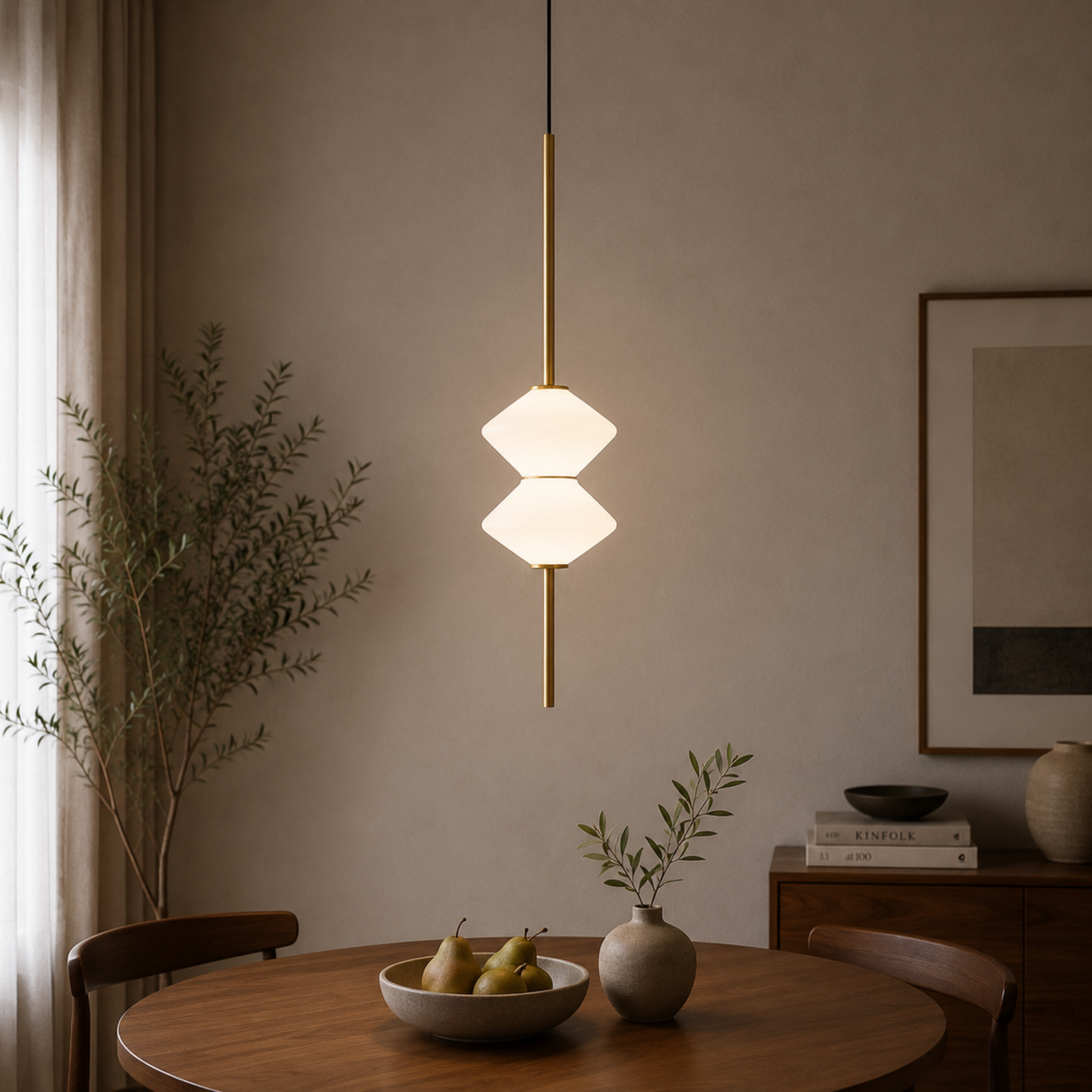 Modern pendant light fixture in a room with a table, pears, and a vase.