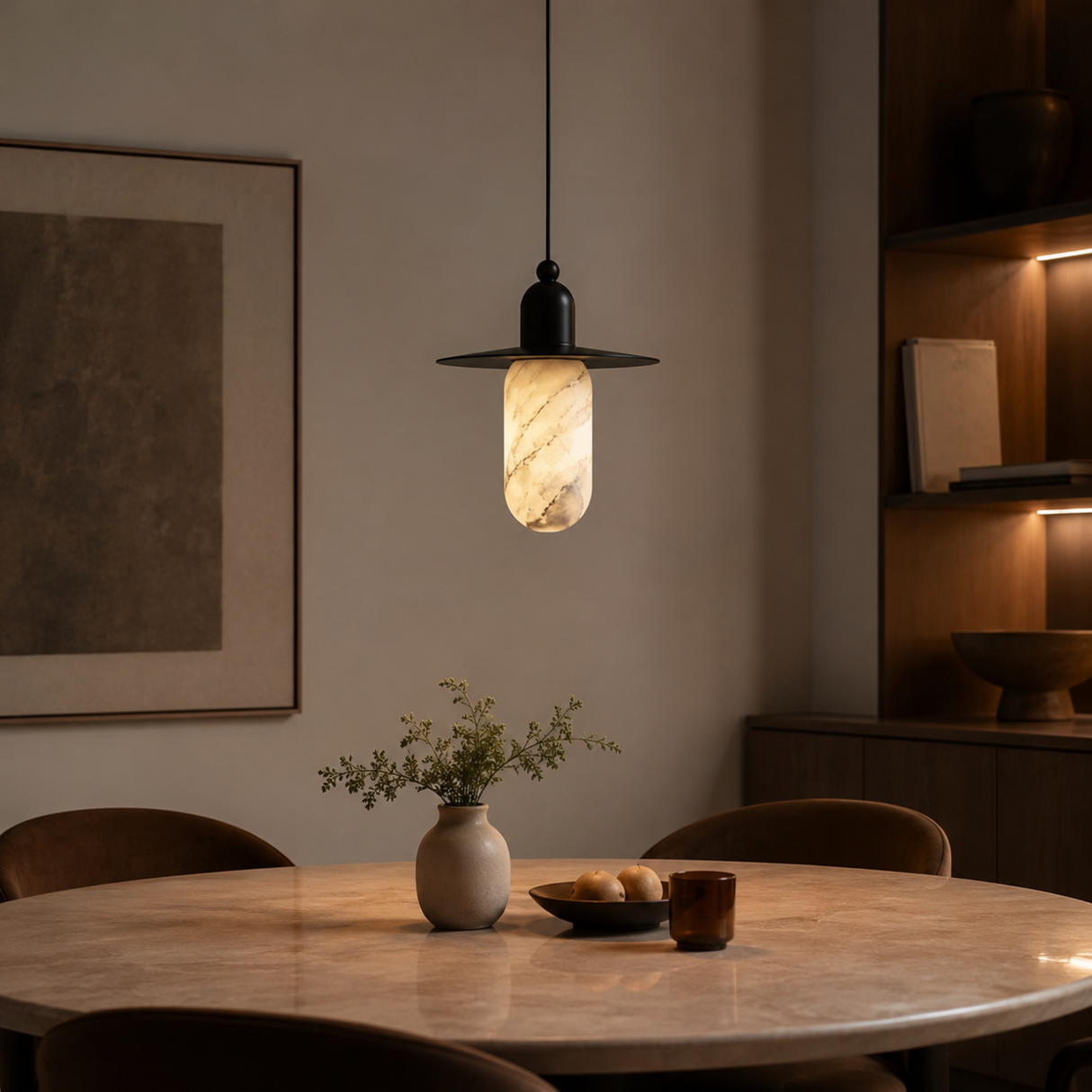 Dining room with a pendant light, table, and decorative items.