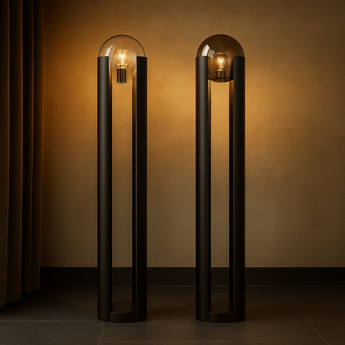 Two modern floor lamps with glass shades against a warm-toned wall.