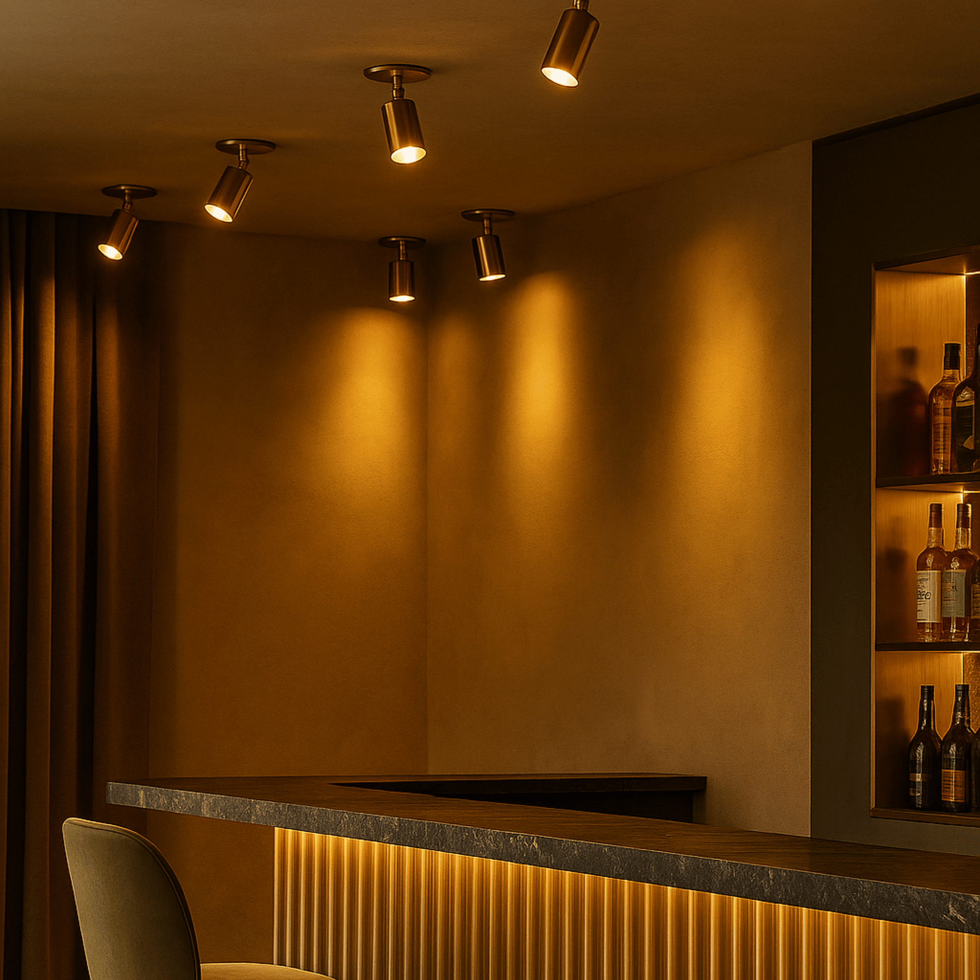 Modern bar interior with warm lighting and shelves displaying bottles.