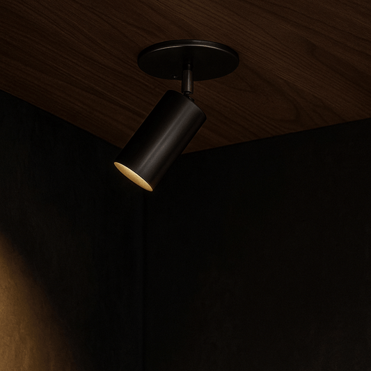 Black ceiling light fixture on a dark wooden surface