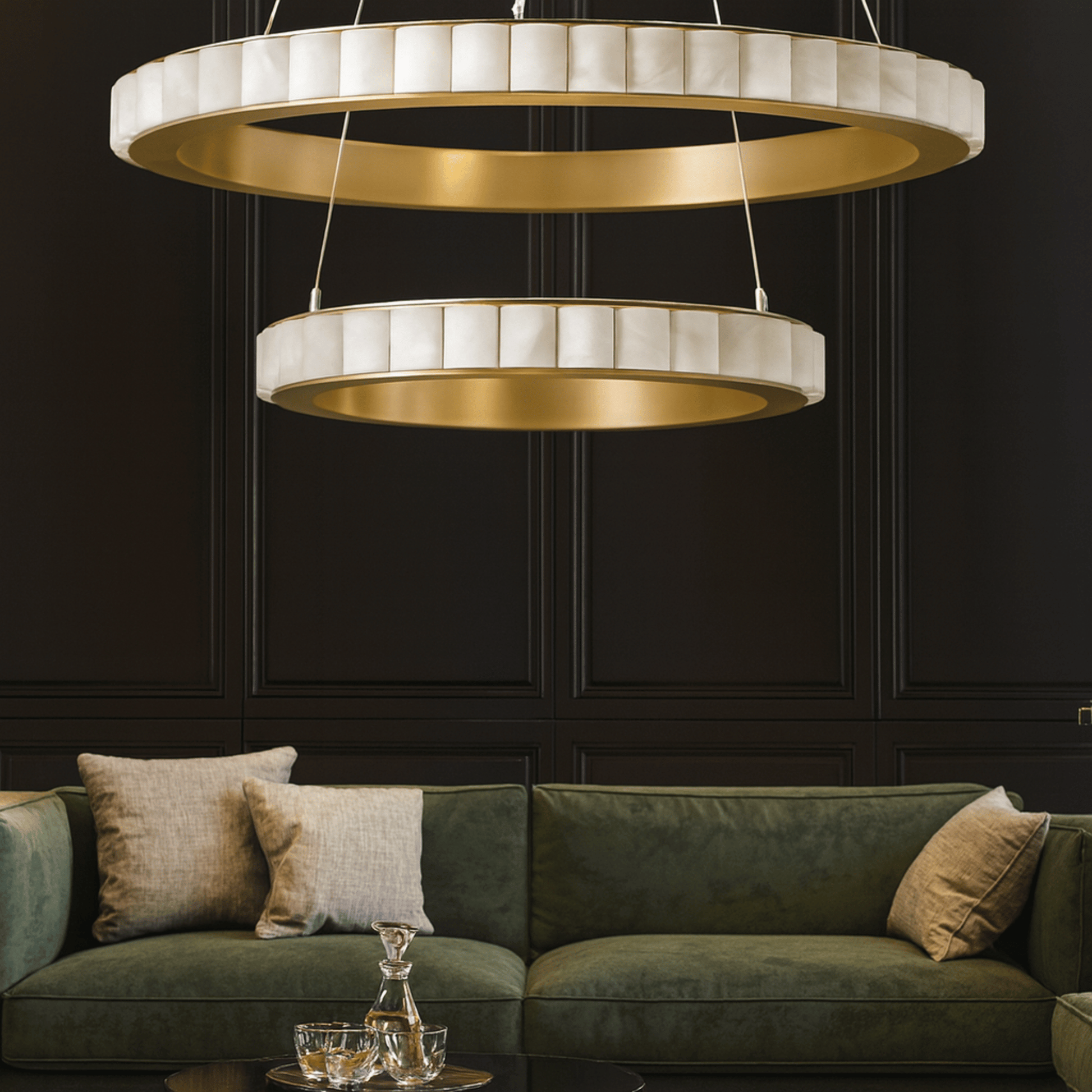Modern chandelier hanging above a green sofa with decorative pillows against a dark wall.