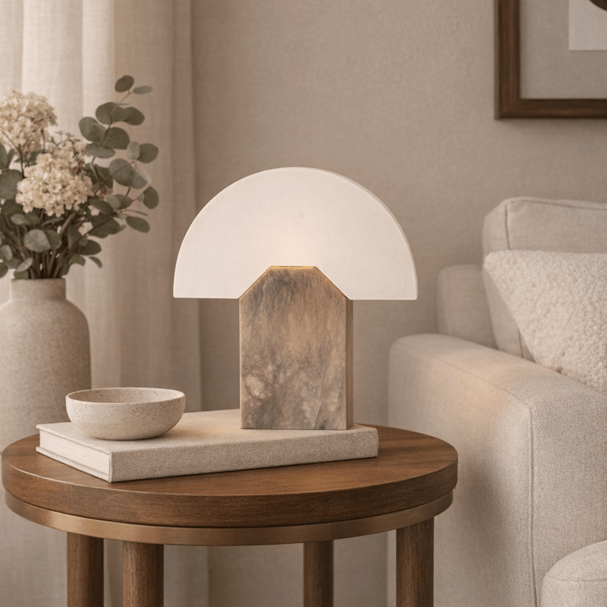 Table lamp with marble base on a wooden table in a living room setting