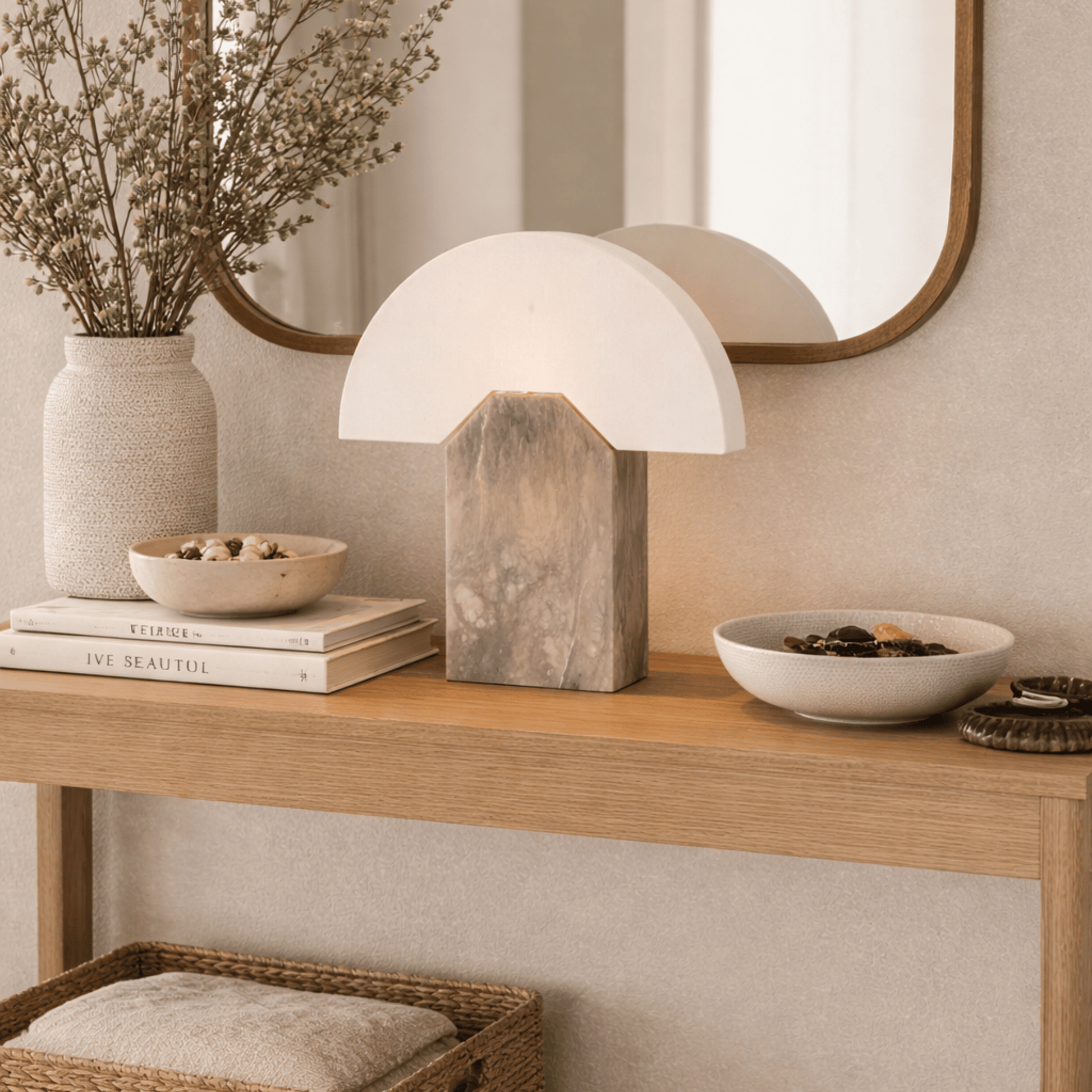 Table lamp on a wooden console table with decorative items and a mirror in the background.