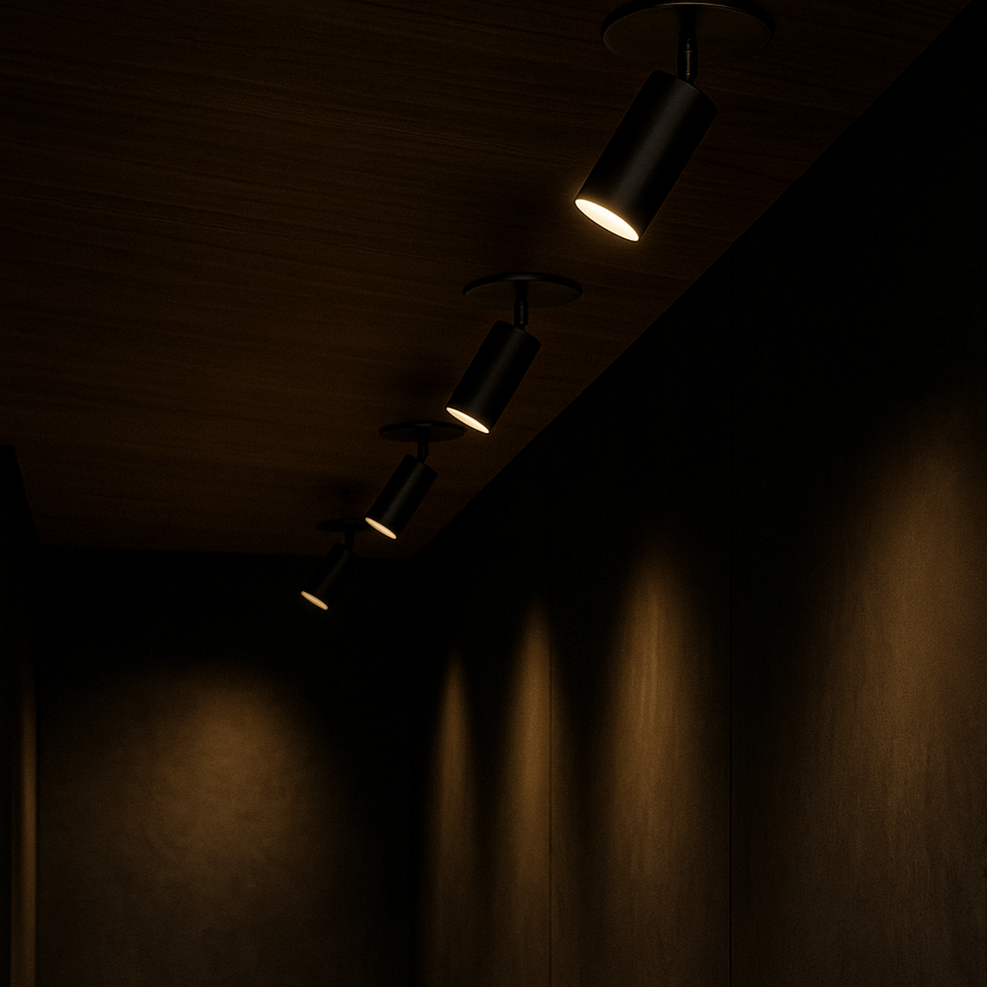 Track lights on a ceiling casting shadows on a wall in a dimly lit room.