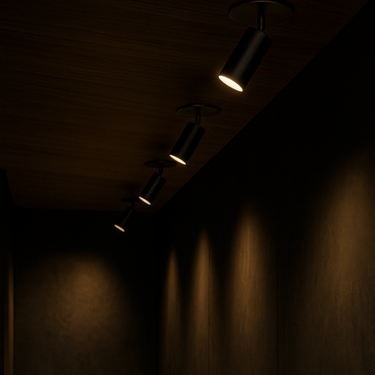 Track lights on a ceiling casting shadows on a wall in a dimly lit room.