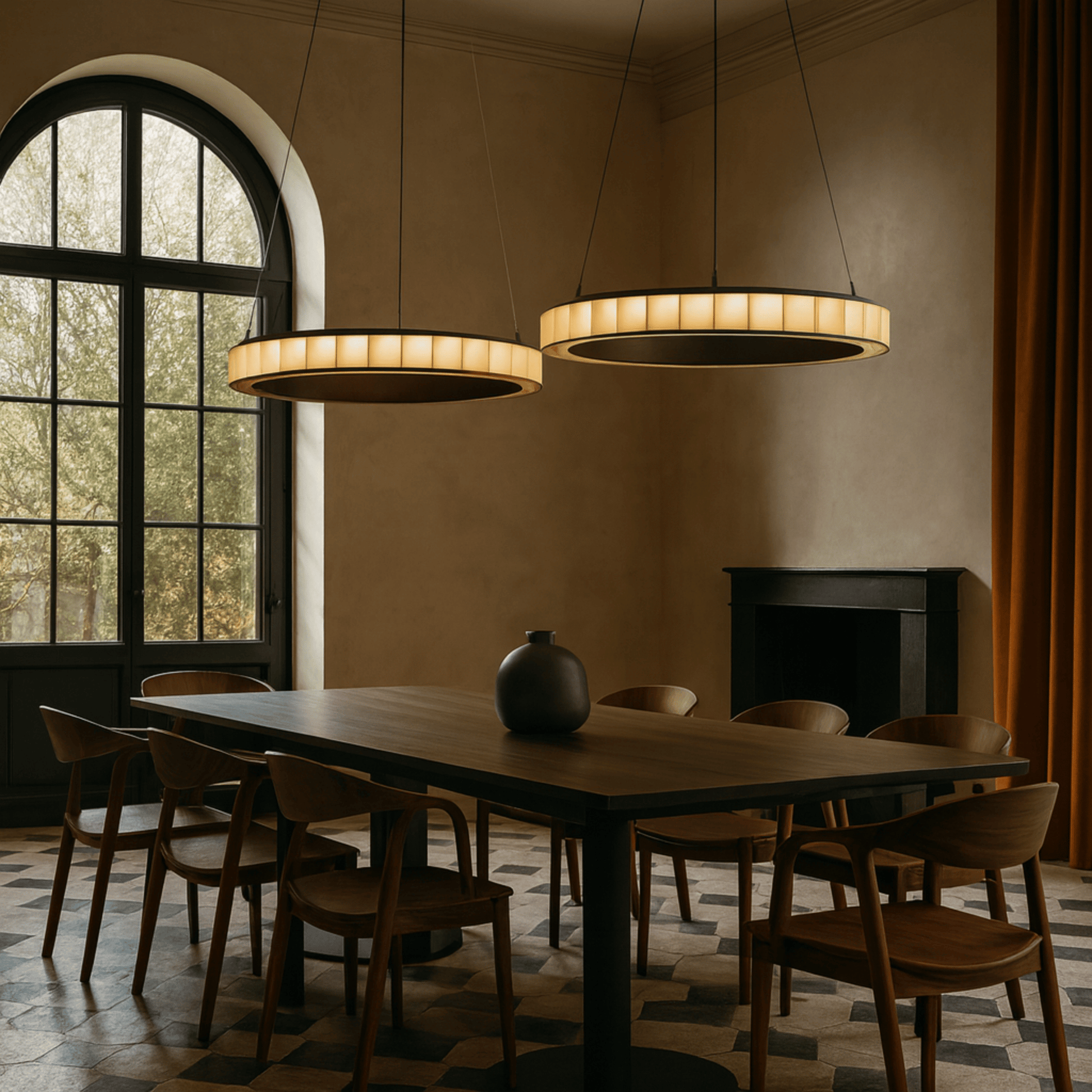 Dining room with wooden table and chairs, pendant lights, and a fireplace.