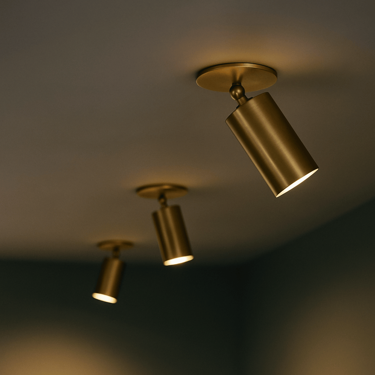 Three gold ceiling lights on a dark ceiling