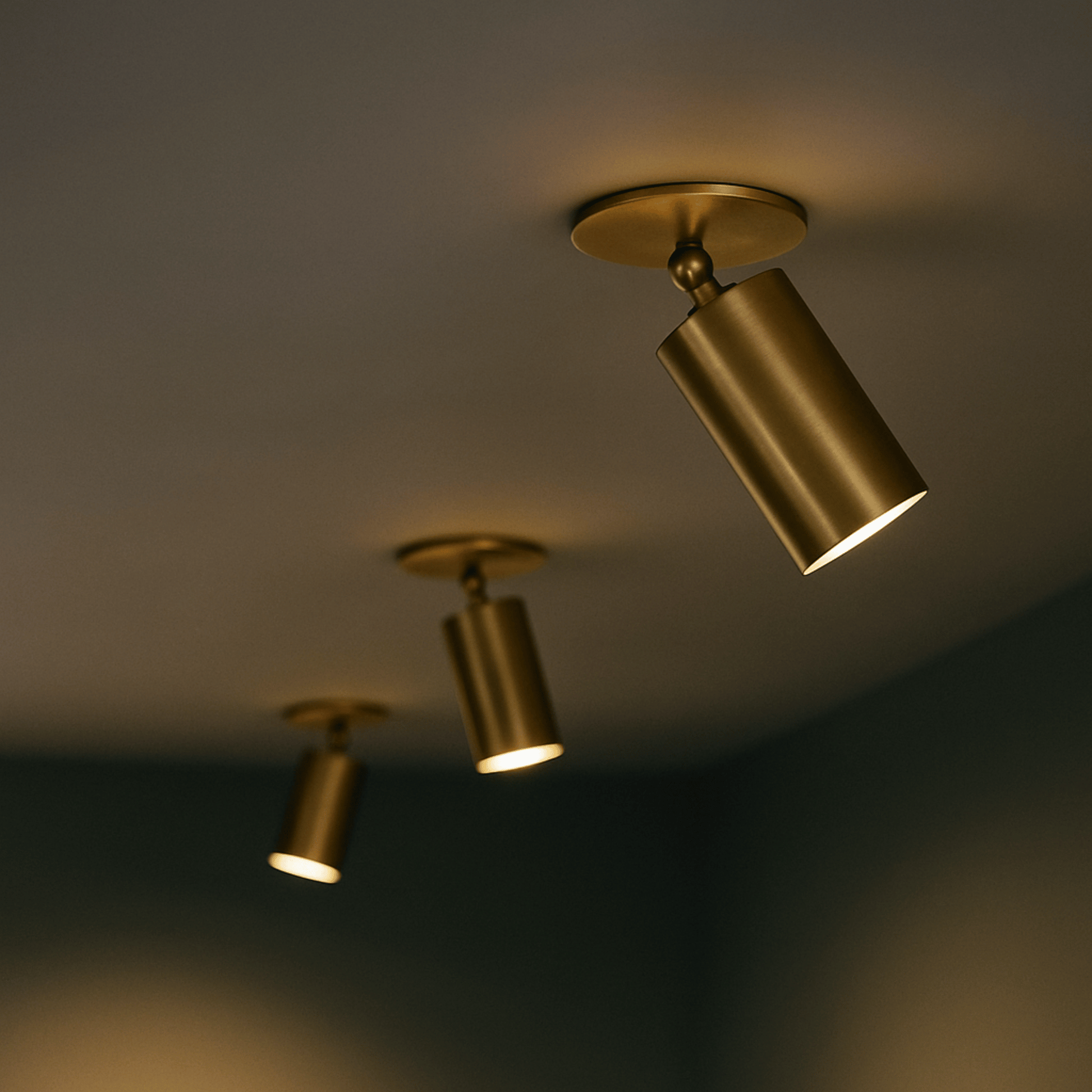 Three gold ceiling lights on a dark ceiling