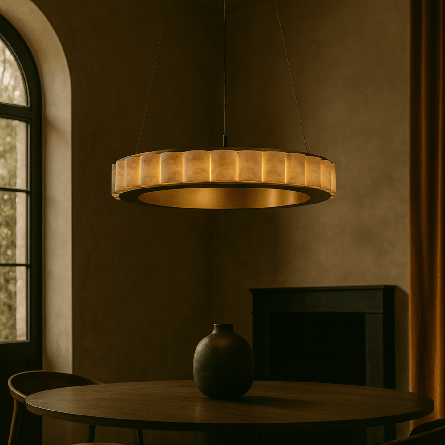 Gold pendant light hanging above a wooden table with a vase in a dimly lit room.