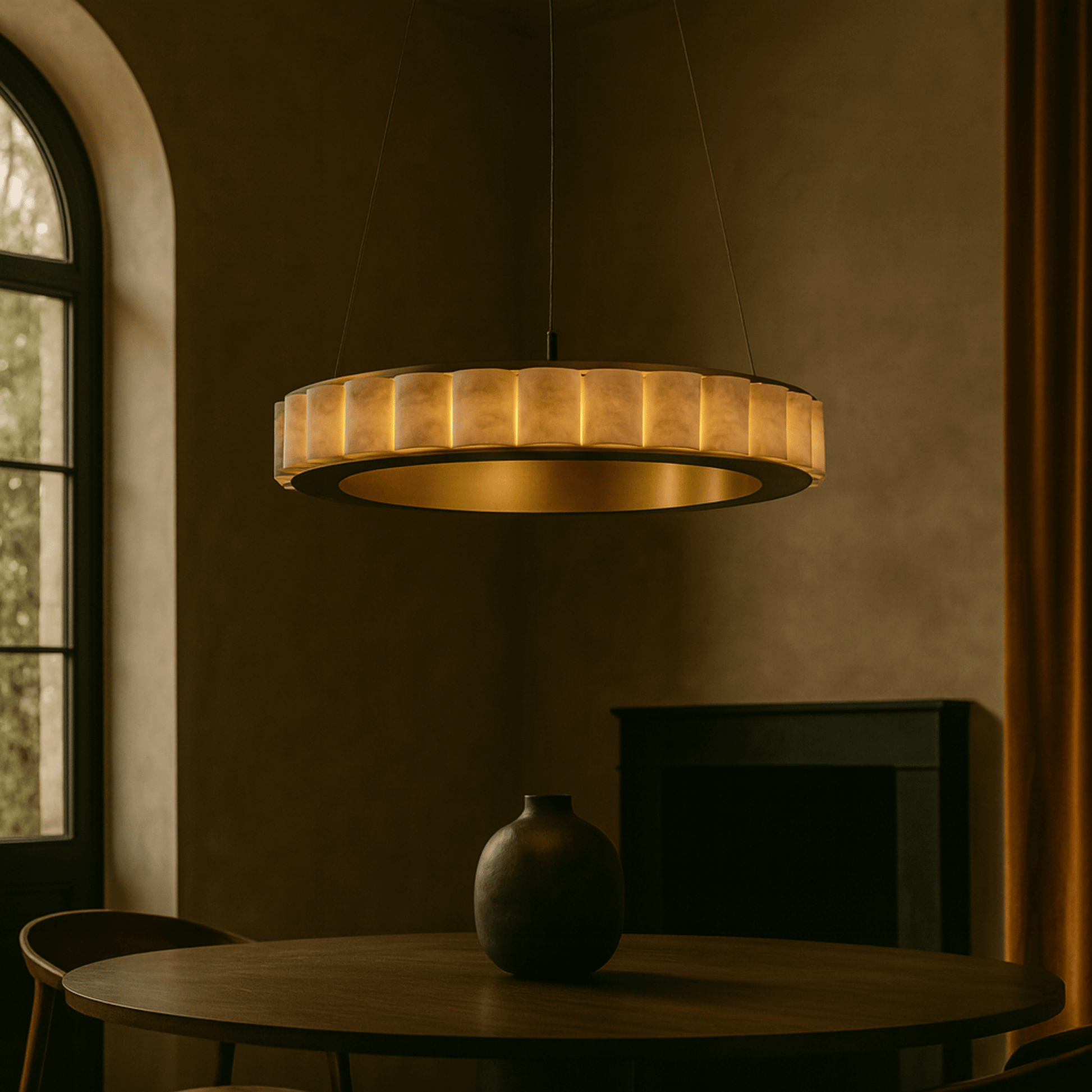 Gold pendant light hanging above a wooden table with a vase in a dimly lit room.