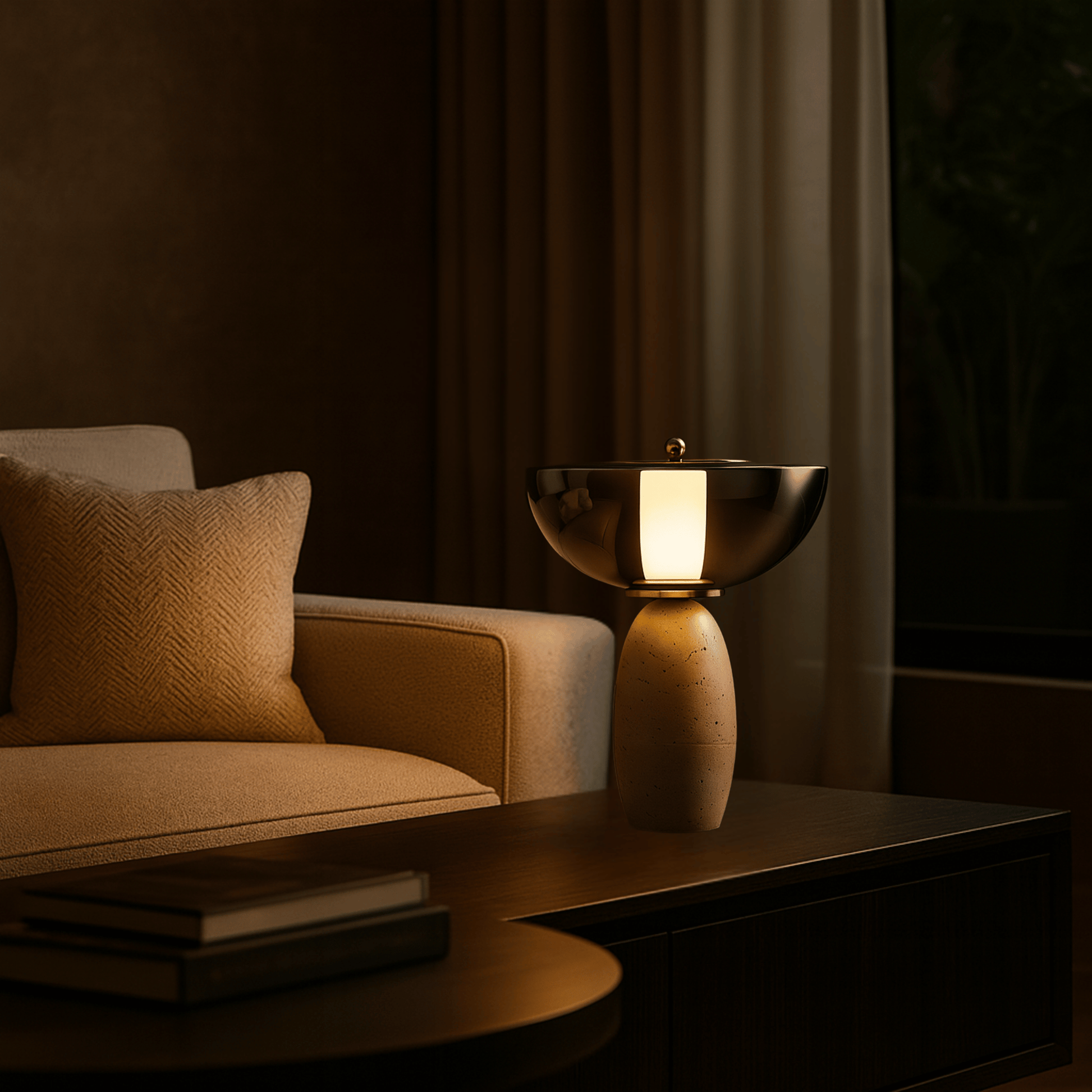 Modern lamp on a table next to a beige sofa in a dimly lit room