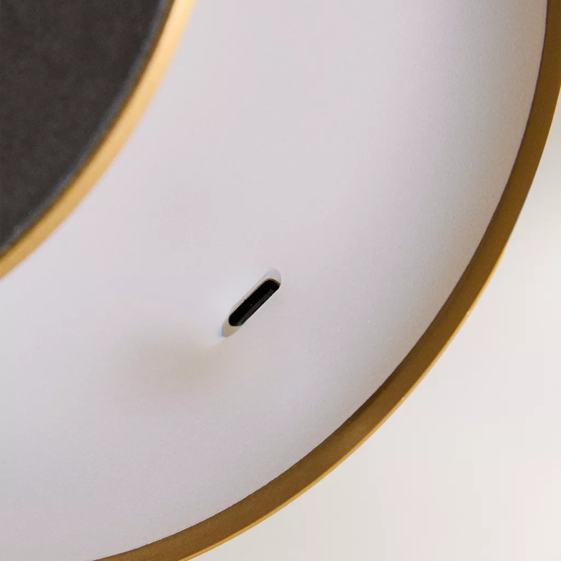Close-up of a white surface with a gold rim and a small black object on a light gray background