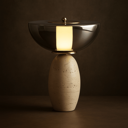 Modern table lamp with a reflective shade and textured base on a dark background