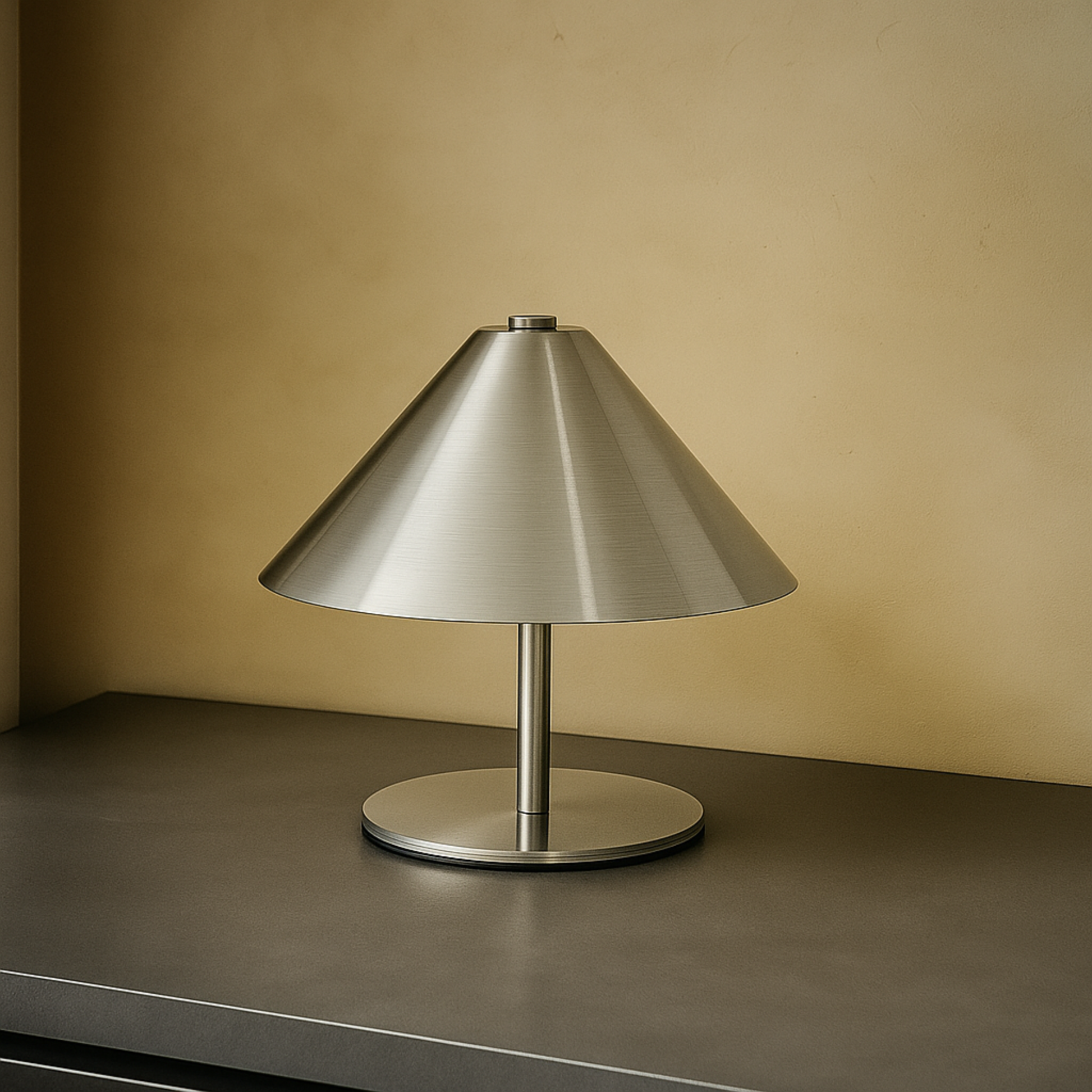 Silver table lamp on a dark surface with a beige wall background