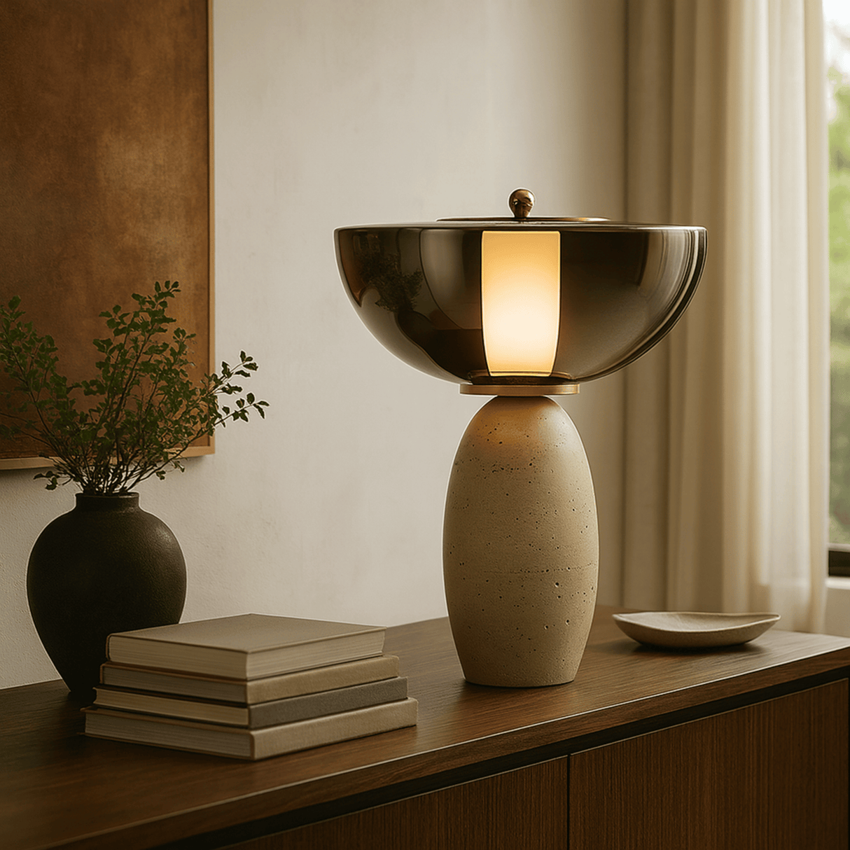Decorative lamp on a wooden surface with books and a vase in a home setting