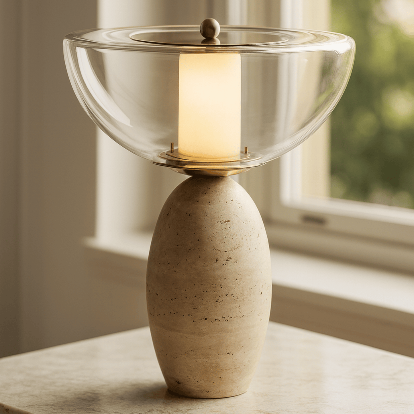 Ceramic table lamp with glass shade on a surface near a window